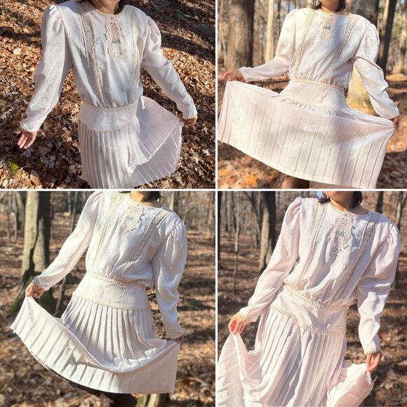 VTG 80s 'Gunne Sax' Style drop waist dress w/ lace details & pleated skirt - Picture 4 of 8